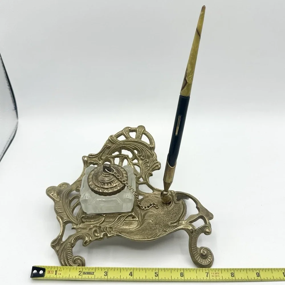 Vintage Heavy Brass Inkwell Pen Holder Art Nouveau Celluloid Fountain Pen Ink